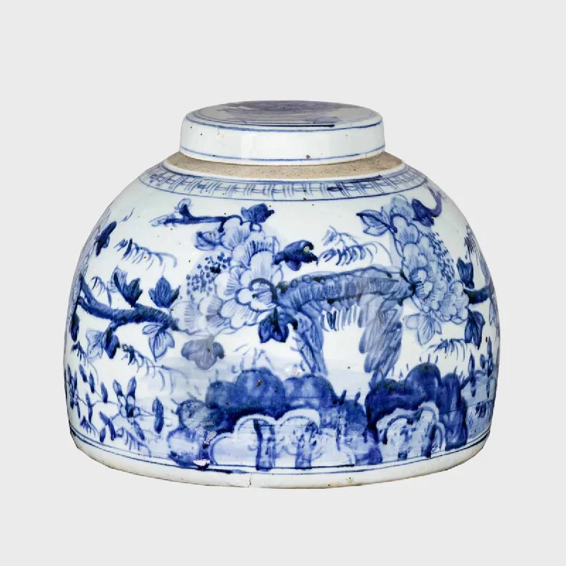 Simple modern vases for living room floral designs -Chinese Ceramic Vase with Lid, Hand-Painted White/Blue Peony Motif