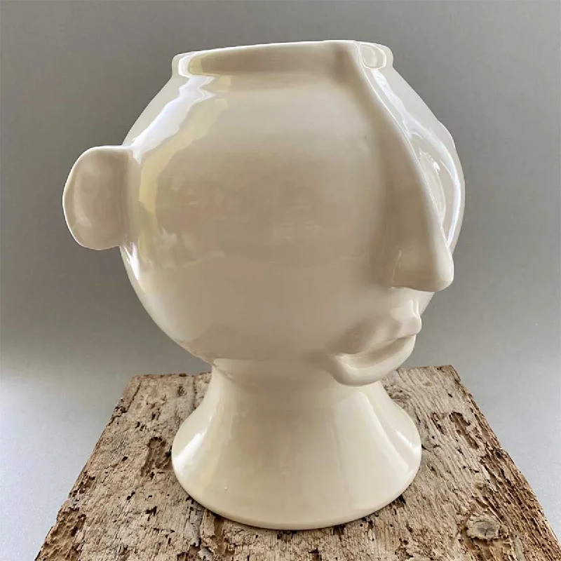 Luxury handmade glass vases for wedding centerpieces -Lucio - Glossy cream enamel handmade ceramic head vase with reliefs