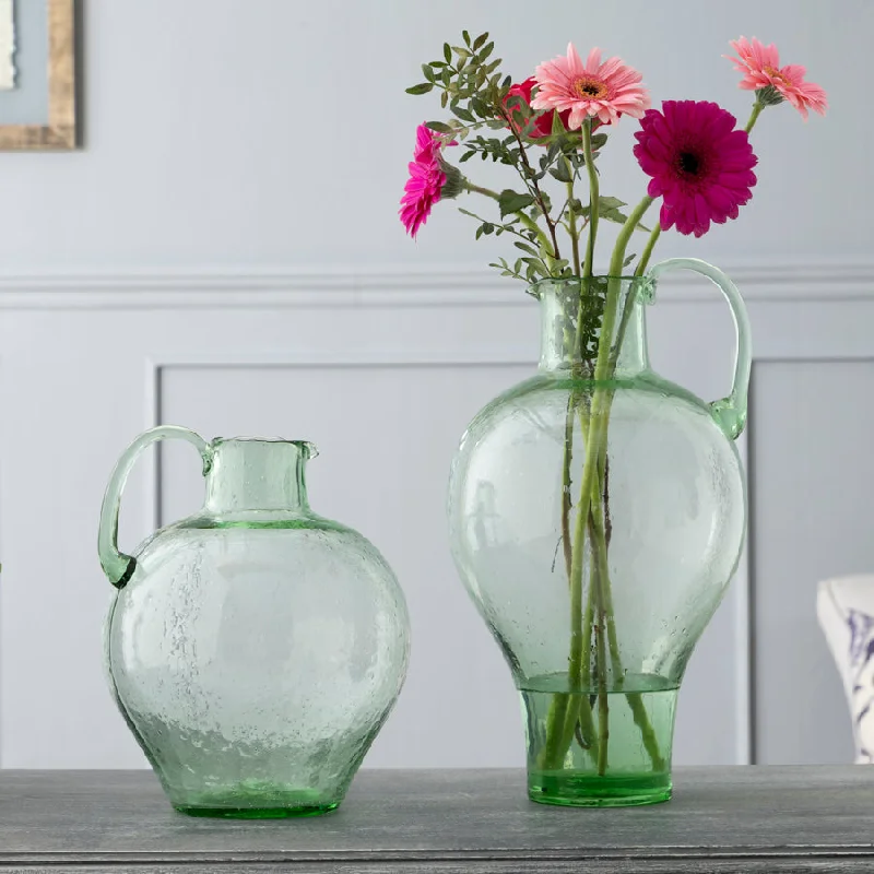 Tall modern flower vases for living room decor -Green Glass Jug - Vintage Style Decorative Pitcher Vase