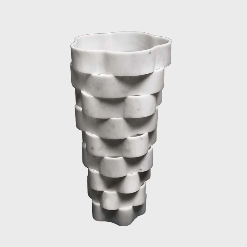 Designer flower vases for luxurious living rooms -Little Gerla Flower - White Carrara marble vase made with waterjet cut