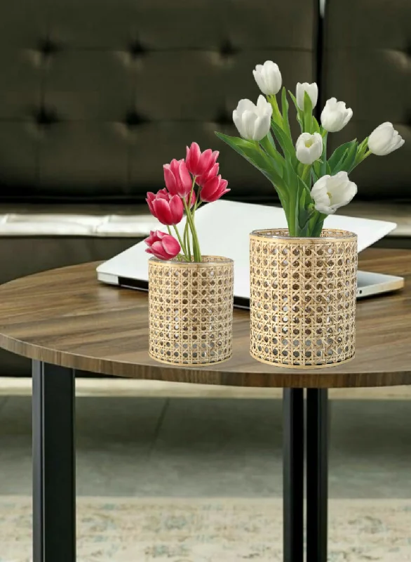 Designer modern vases for flower arrangements -Rattan Cane Wrapped Glass Hurricane, in 2 Sizes