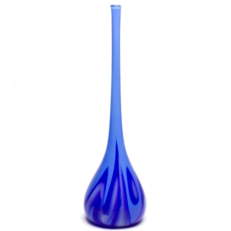 Simple glass flower vases for dining table -Sky Blue with Royal Blue/White Swirl Drop Neck Vase