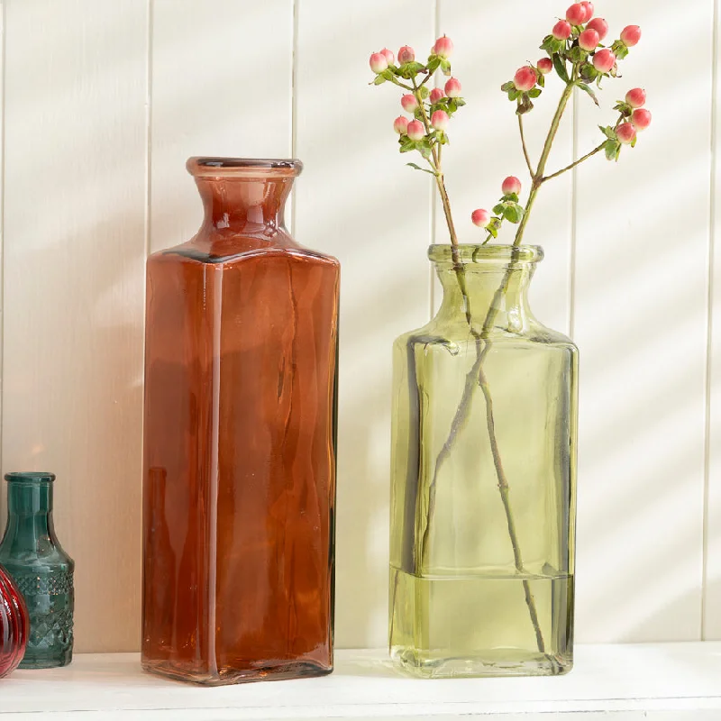 Large crystal vases for floral home displays -Square Glass Bottle Vases – Coral and Green Set of 2