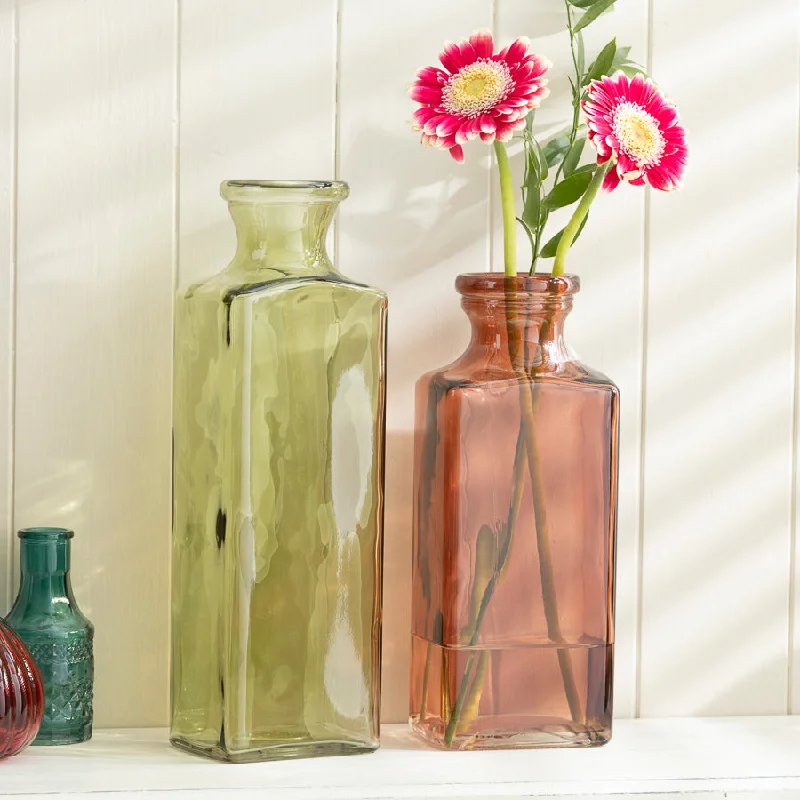 Simple modern vases for home floral displays -Square Glass Bottle Vases – Green and Coral Set of 2