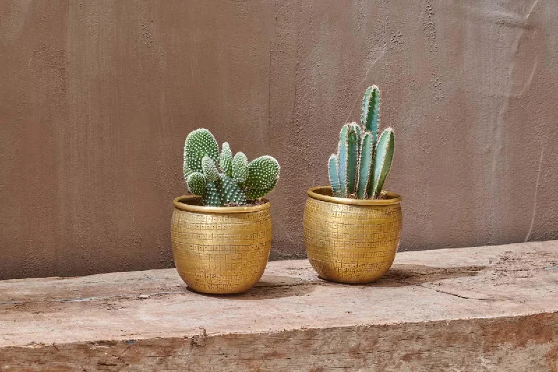 Tall decorative ceramic vases for flowers -Tembesi Etched Planter - Antique Brass - Set of 2