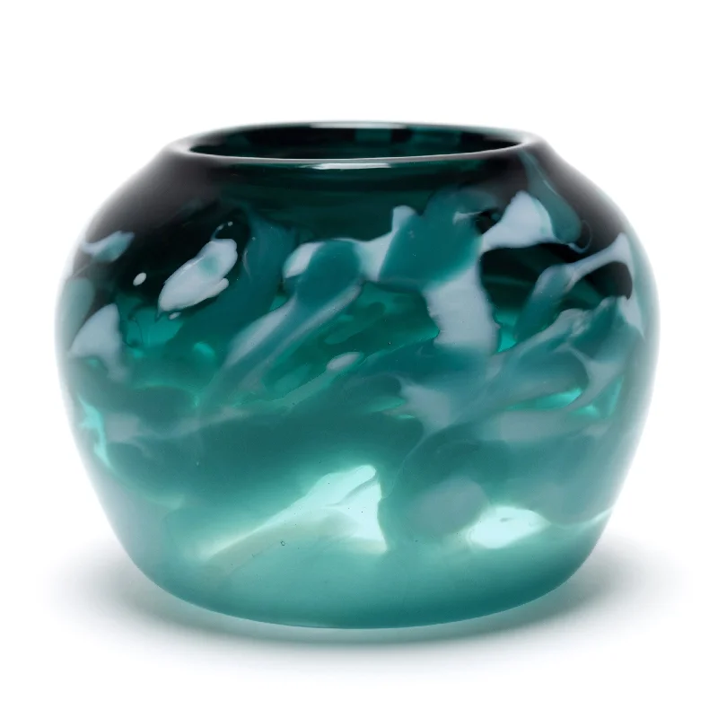 Luxury handmade ceramic vases for centerpieces -Transparent Jade Green Low Vase with White and Teal Strokes