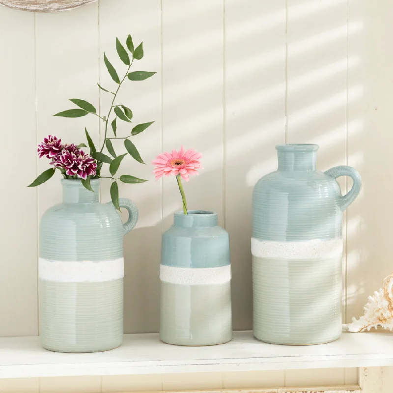 Tall crystal flower vases for wedding table decor -Two-Tone Ceramic Jug Vase - Coastal Blue and Sandstone