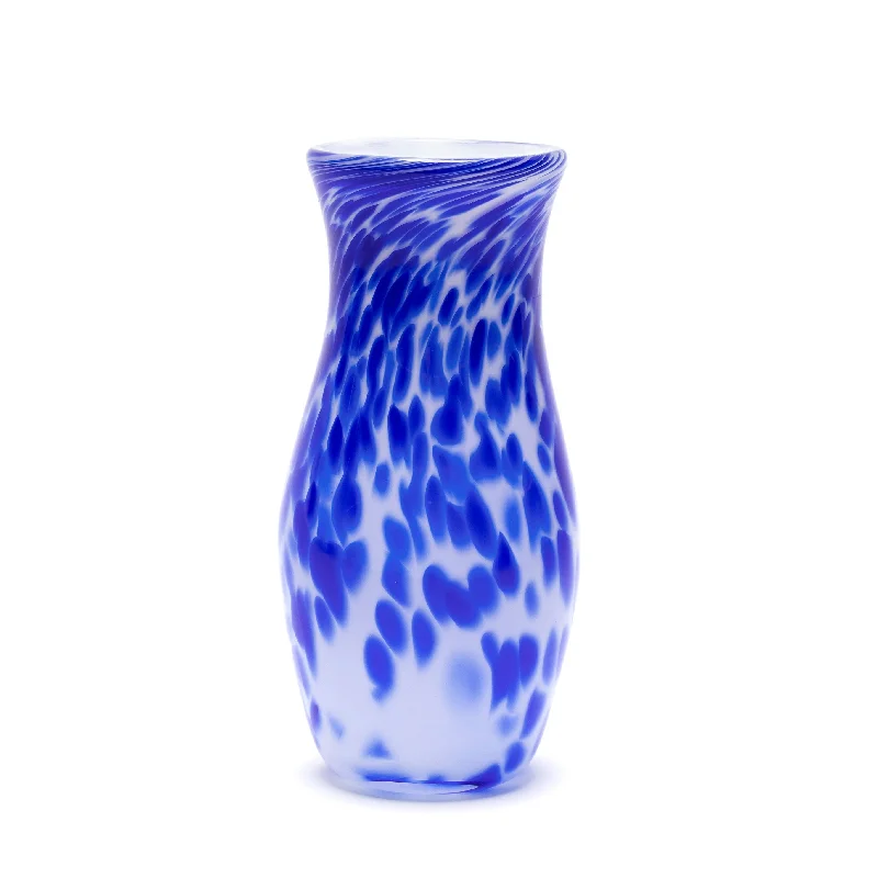 Designer glass flower vases for wedding decorations -White Vase with Royal Blue Spots