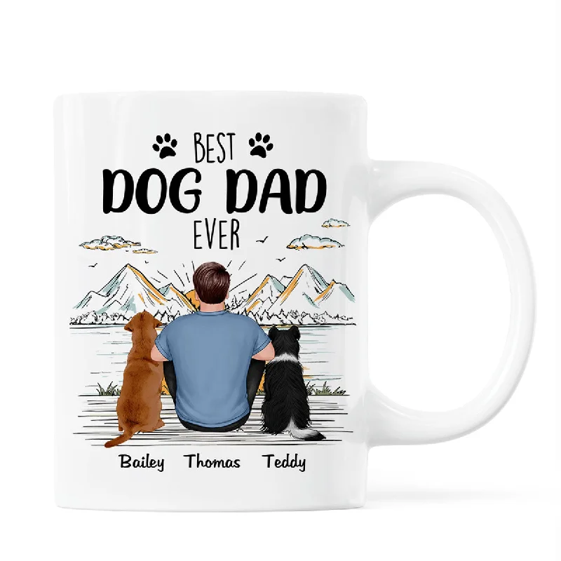 unique ceramic travel mugs-Back View Man Sitting With Dogs Best Dog Dad Ever Mountain Sketch Personalized Mug