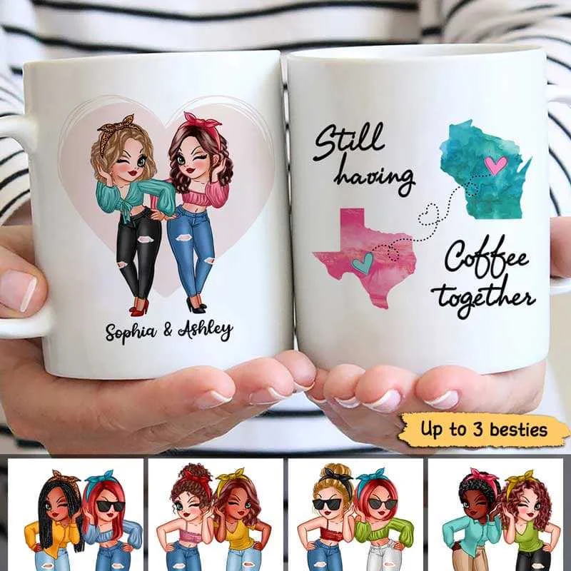 thermal coffee mugs for outdoor use-Besties At Heart Sassy Girls Long Distance Personalized Mug