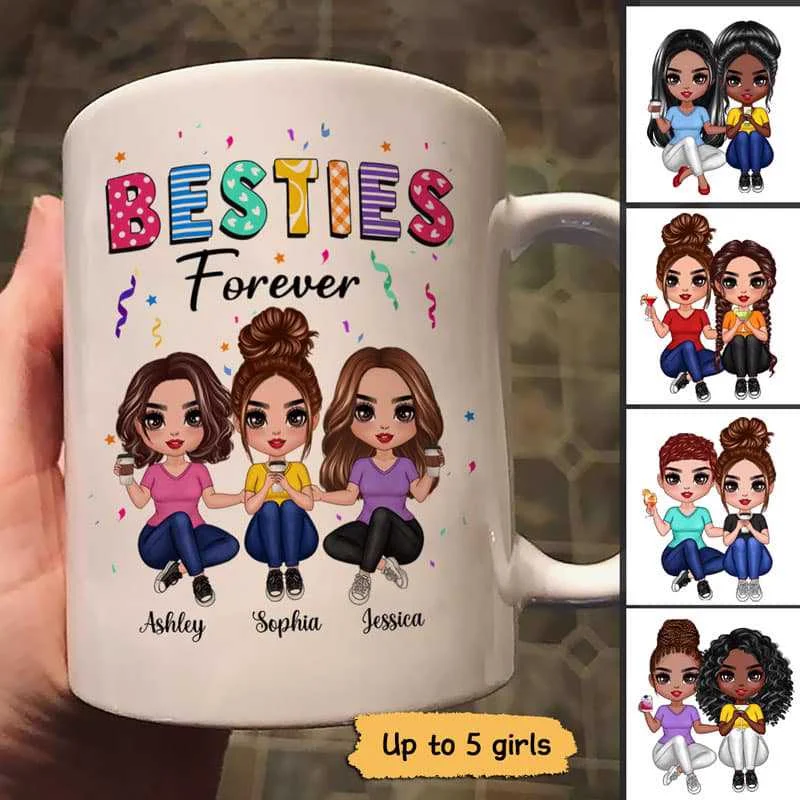 insulated tea mugs for daily use-Besties Sisters Siblings Doll Women Sitting Personalized Mug