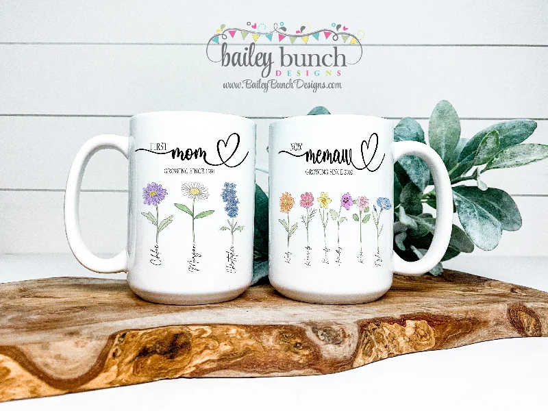 personalized photo mugs for gifts-Birth Flower First Mom now Grandma Mother's Day Mug BIRTHFLOWERMUG20520