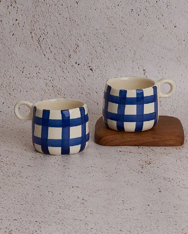 cute coffee cups for home kitchen-Blue Big Ghingham Checkered Mugs  | 450ml | Set Of 2