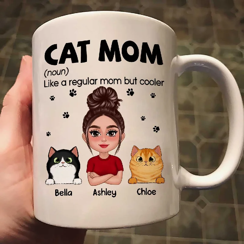 personalized coffee mugs for couples-Cat Mom Definition Pretty Doll Woman & Fluffy Cat Personalized Mug