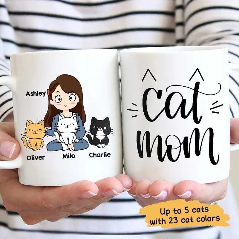 personalized mugs for friends and family-Cat Mom Chibi Girl And Sitting Cat Personalized Coffee Mug