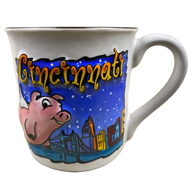 fun coffee mugs with motivational quotes-Cincinnati Where Pigs Fly Embossed Mug