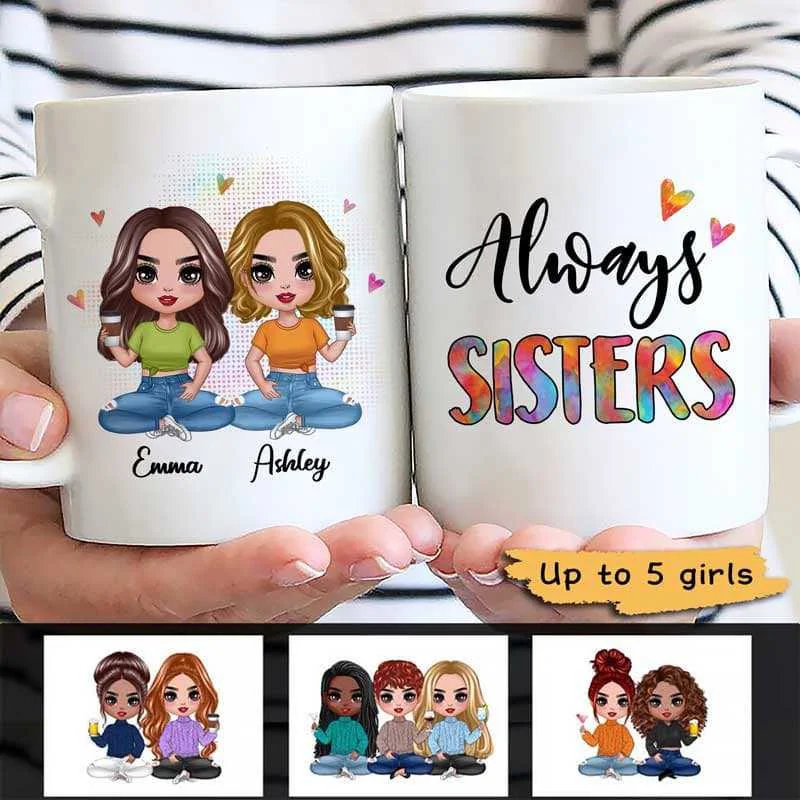 trendy travel mugs for commuters-Colorful Patterned Sitting Doll Besties Sisters Siblings Personalized Mug