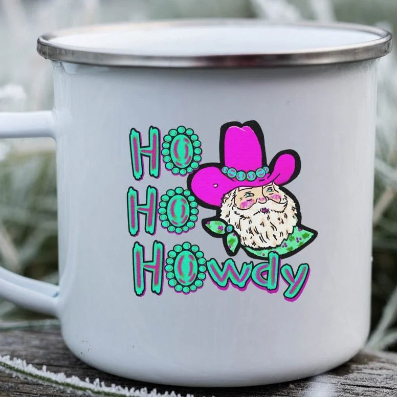 funny coffee cups for home office-Ho Ho Howdy Western Santa Campfire Mug