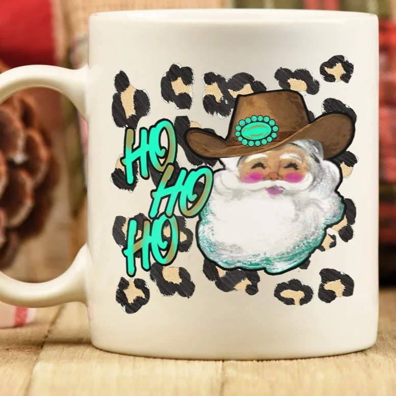 best mugs for winter morning tea-Cowboy Leopard Santa 15oz. Mug