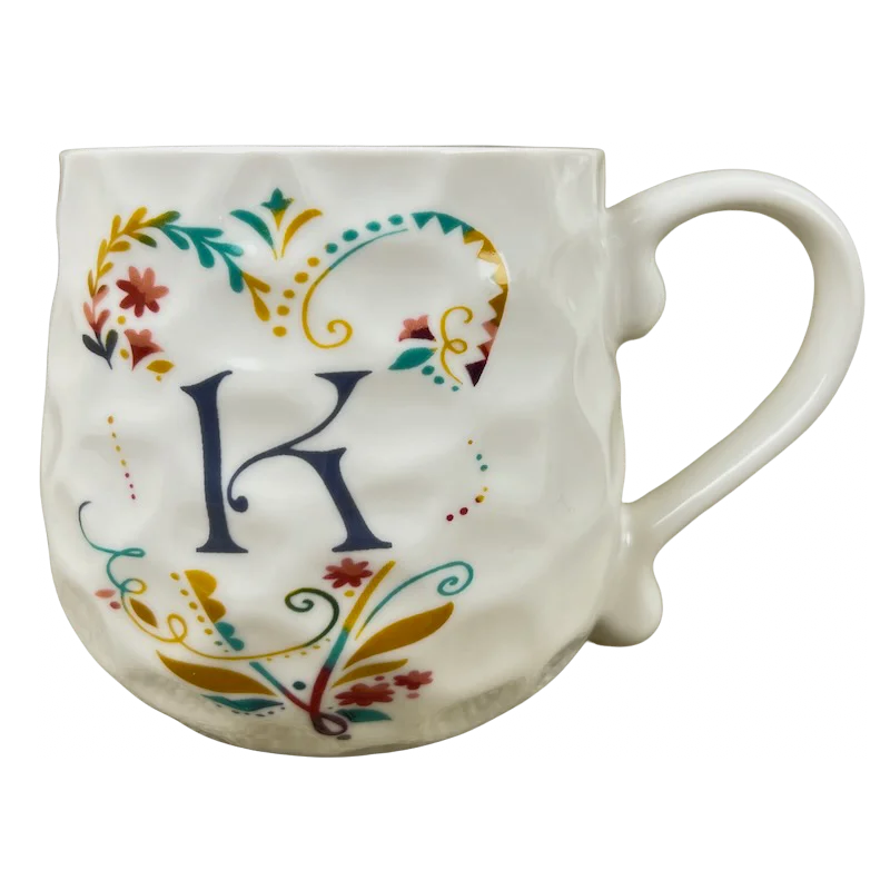 reusable coffee mugs with logos-Dimpled Floral Letter "K" Monogram Initial Mug Mango Moon