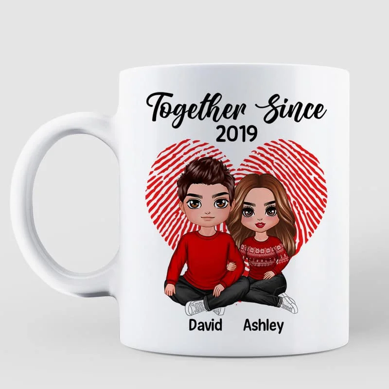 funny coffee mugs for morning routines-Doll Couple Sitting Embracing Personalized Mug