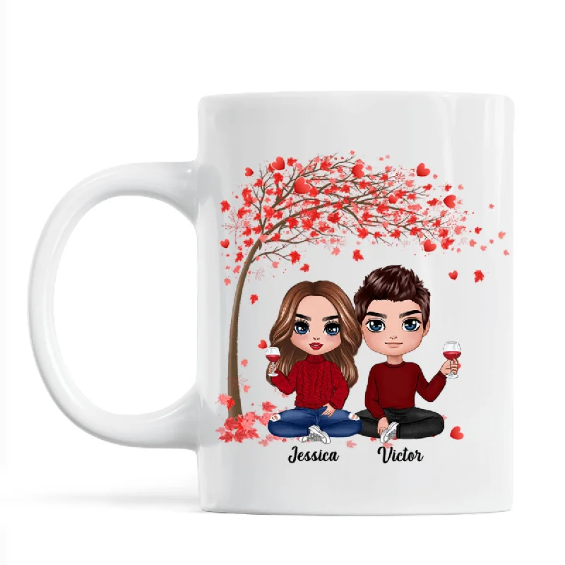 cute coffee mugs for housewarming gifts-Doll Couple Sitting Under Red Tree Calendar Anniversary Date Gift For Him For Her Personalized Mug