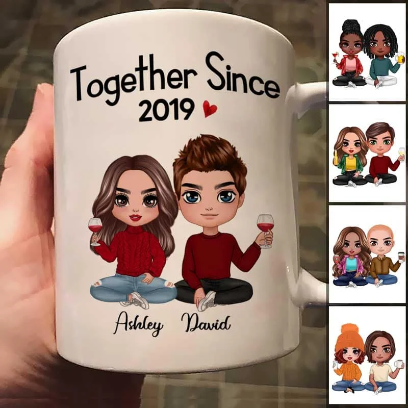 personalized coffee cups for office parties-Doll Couple Sitting Gift For Him For Her Personalized Mug