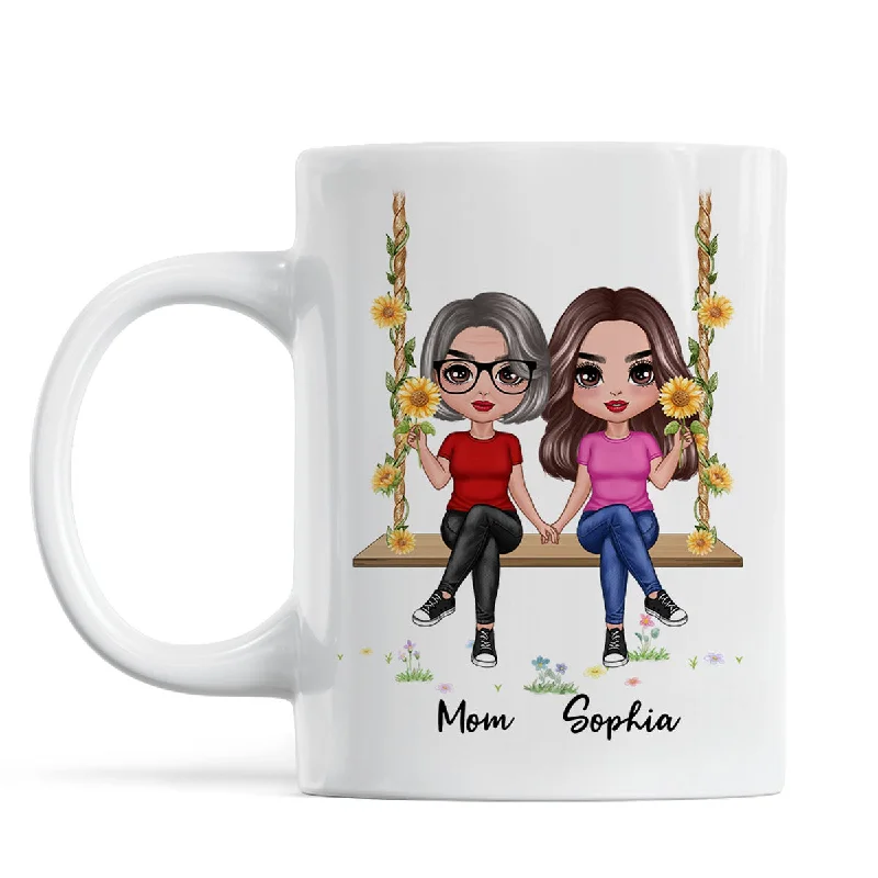 best travel mugs for iced tea-Doll Mom Daughter Sitting On Swing Holding Sunflower Personalized Mug