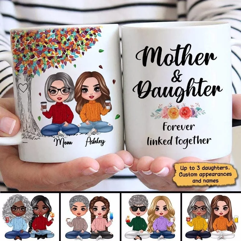 personalized coffee mugs for work-Doll Mom And Daughters Sitting Under Colorful Tree Personalized Mug