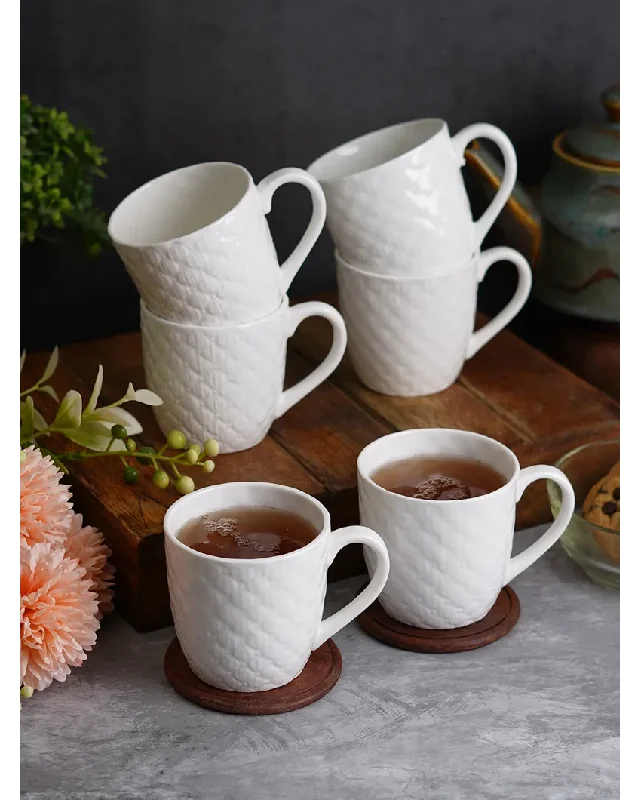 trendy coffee mugs for home decor-Embossed White Bone China Mugs | Set of 6