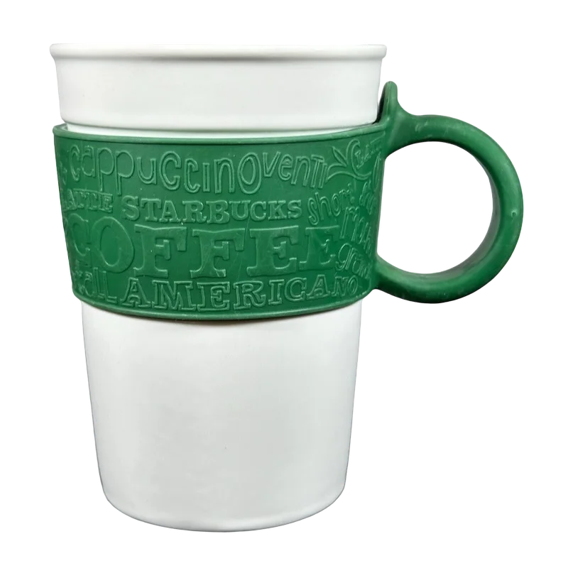 custom photo mugs for wedding gifts-Embossed Coffee Words Green Rubber Sleeve And Handle 12oz Mug 2008 Starbucks