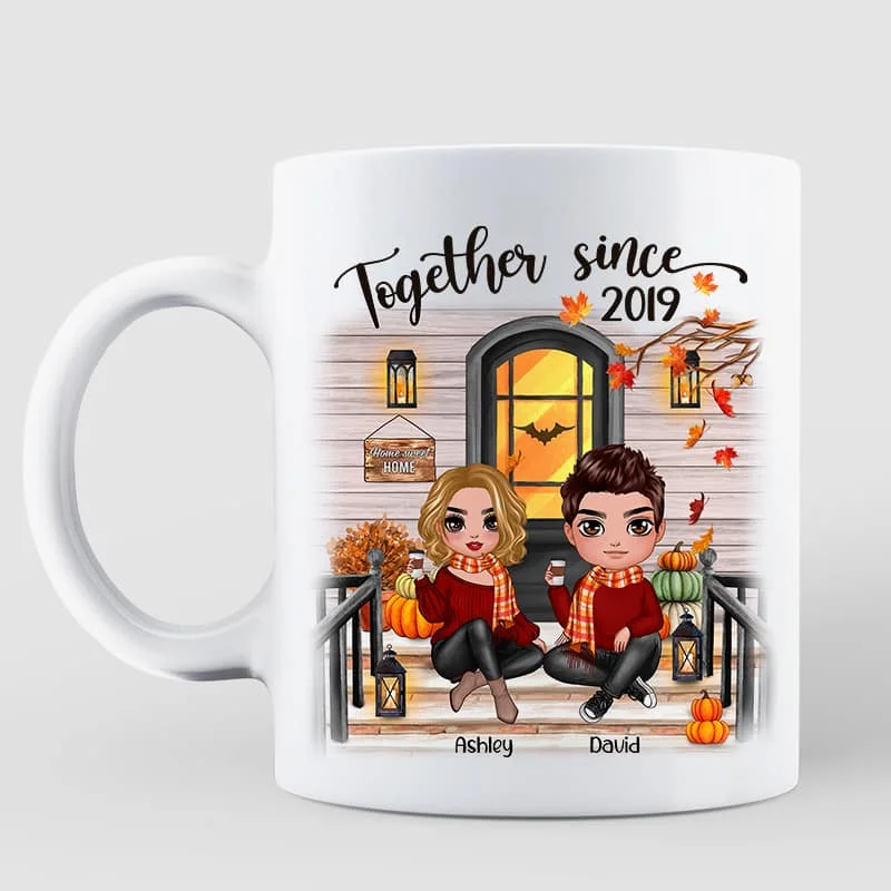 unique travel coffee mugs with lids-Fall Season Couple Front Porch Personalized Mug