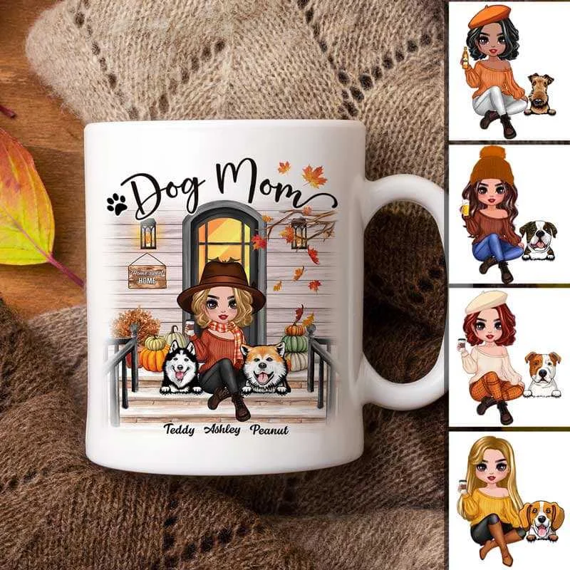 personalized photo mugs for gifts-Fall Season Doll Dog Mom Front Porch Personalized Mug