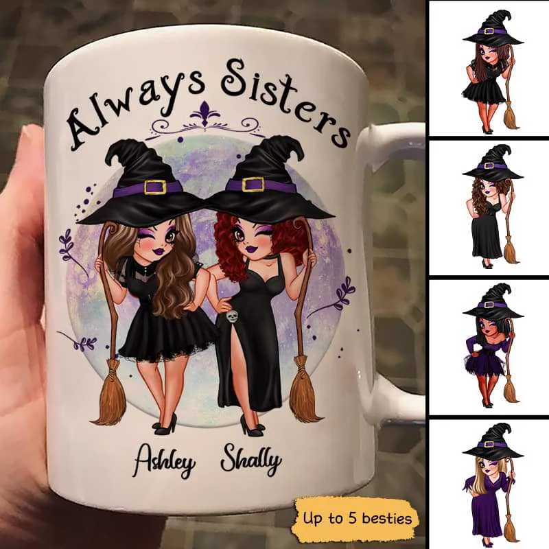 large ceramic mugs for tea drinkers-Halloween Besties Witch Always Sisters Purple Moon Personalized Mug