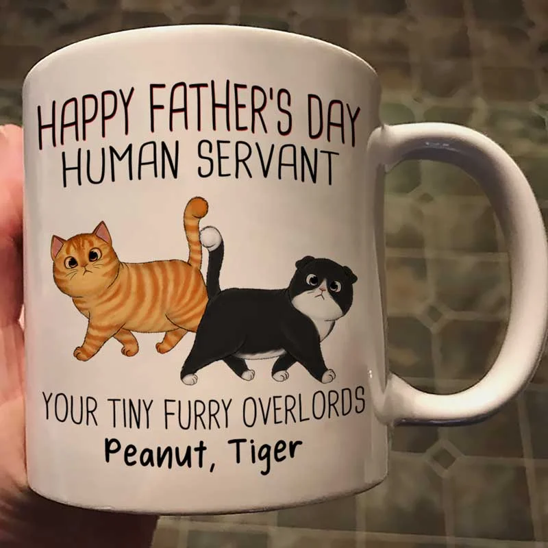 unique travel mugs for hiking-Happy Father‘s Day Human Servant Walking Fluffy Cats Gift For Cat Dad Personalized Mug