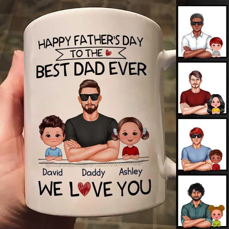 large ceramic travel mugs for tea-Happy Father‘s Day We Love You Real Man & Doll Kid Personalized Mug