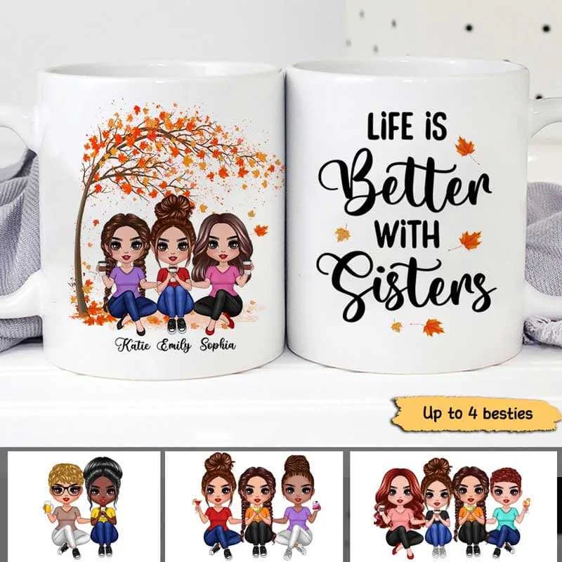 unique mugs for coffee shops-Life Better With Besties Sisters Sitting Doll Under Tree Personalized Mug