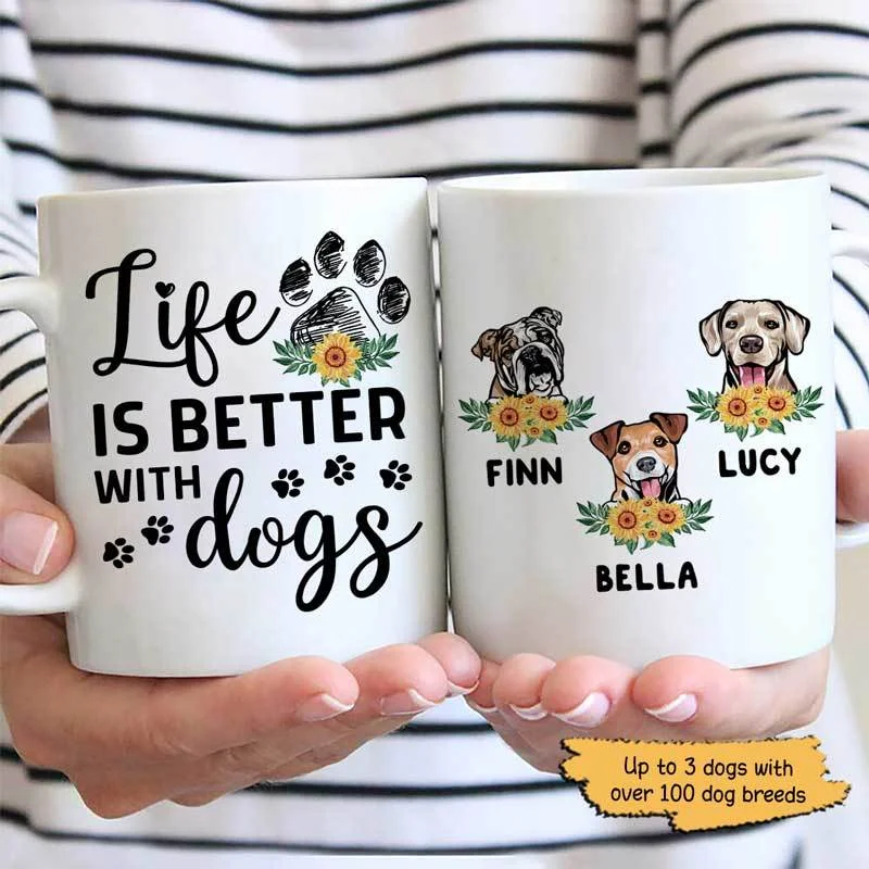 best mugs for winter morning tea-Life Is Better With Dogs Sunflower Personalized Dog Coffee Mug