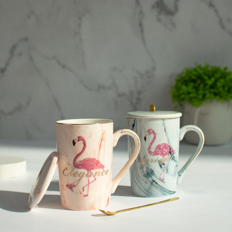 high-quality stainless steel mugs for tea-Marble Flamingo Ceramic Mug With Lid & Spoon