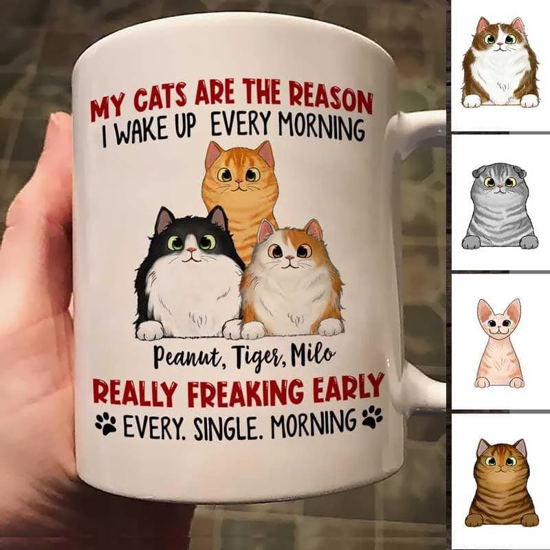 custom mugs for promotional giveaways-Peeking Fluffy Cats Reason I Wake Up Early Personalized Mug