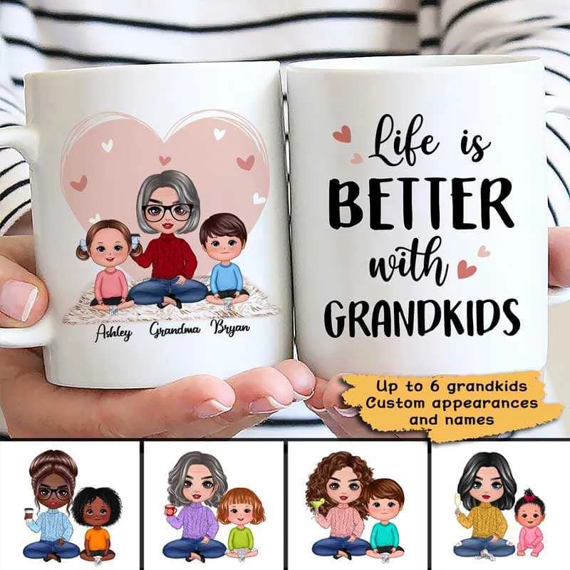 custom coffee cups for birthdays-Pink Heart Doll Grandma Better With Grandkids Personalized Mug