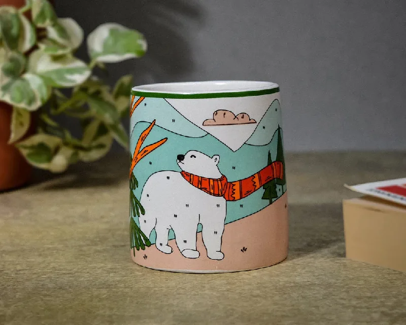 funny ceramic mugs with funny quotes-Polar Bear In His Red Muffler Cermaic Coffe Mug | 260 ml | 4 x 3 inches