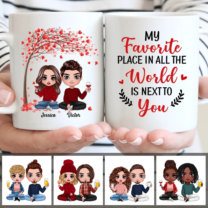 best travel mugs with lids for commuting-Red Tree Doll Couple Sitting Gift For Him For Her Personalized Mug