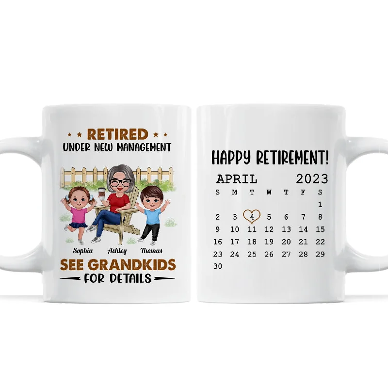 best tea mugs with infusers-Retired Under New Management See Doll Grandkids Calendar Retirement Gift Personalized Mug