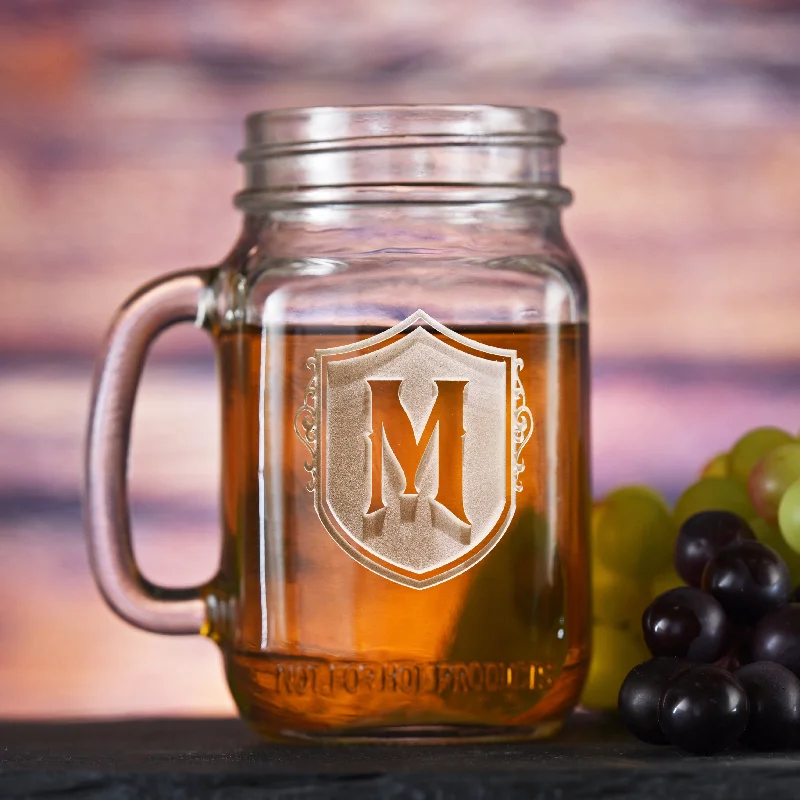 best mugs for coffee addicts-Engraved Shield Mason Jar