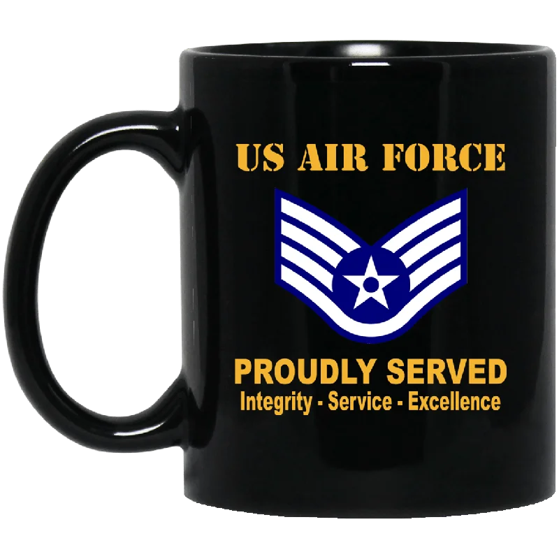 funny ceramic coffee mugs for office-US Air Force E-5 Staff Sergeant SSgt E5 Noncommissioned Officer Ranks AF Rank Proudly Served Black Mug 11 oz - 15 oz