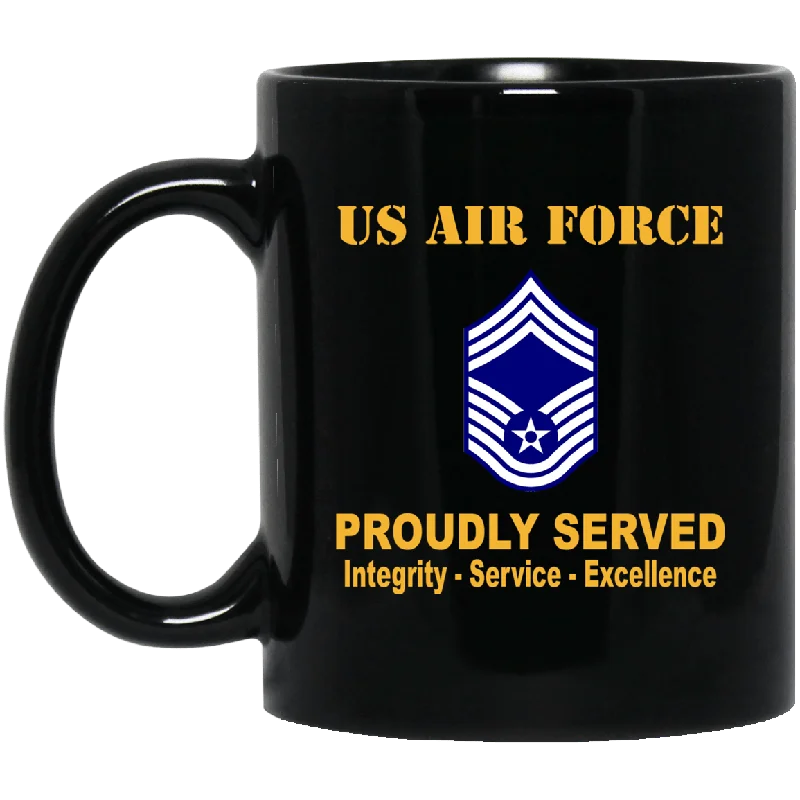 ceramic coffee mugs for special occasions-US Air Force E-9 Chief Master Sergeant CMSgt E9 Noncommissioned Officer AF Ranks Proudly Served Black Mug 11 oz - 15 oz