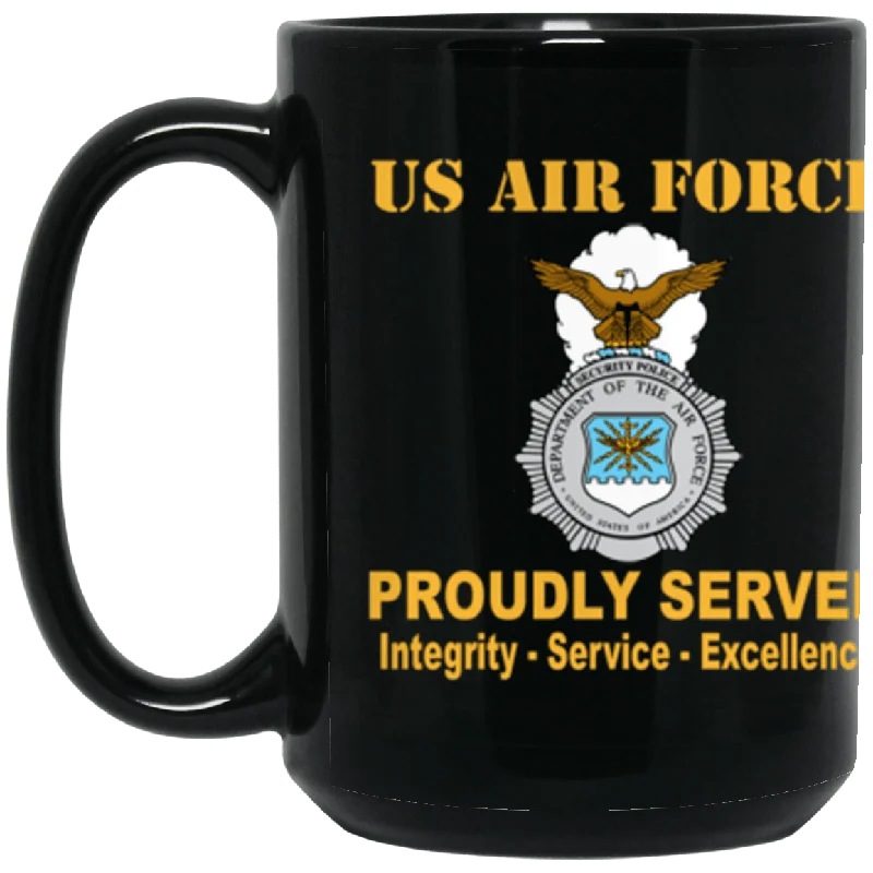 funny coffee mugs for holiday parties-US Air Force Security Police Proudly Served Core Values 15 oz. Black Mug