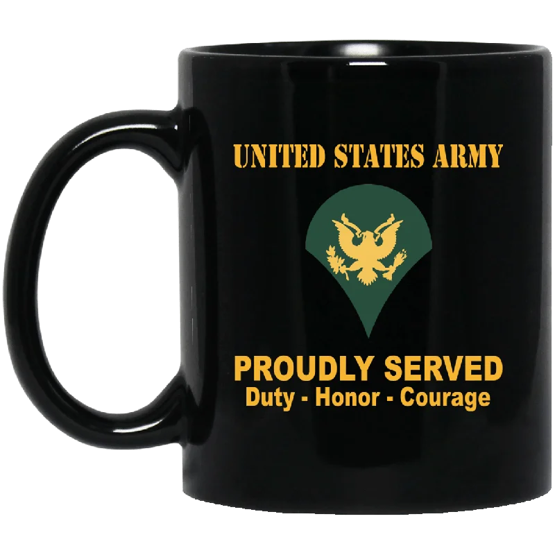 cute travel mugs for coffee lovers-US Army E-4 SPC E4 Specialist Ranks Proudly Served Black Mug Black Mug