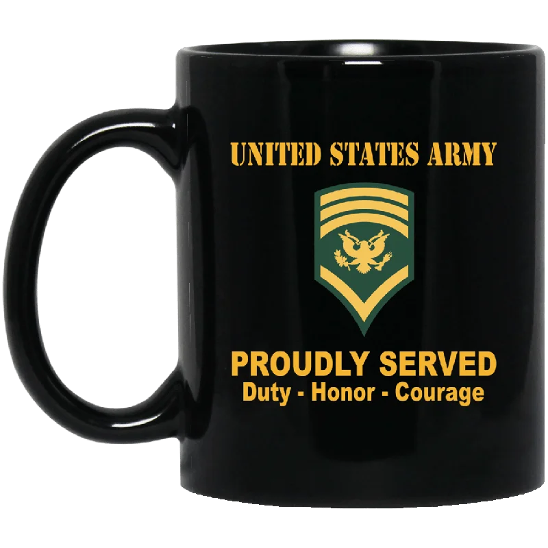 insulated travel mugs with funny sayings-US Army E-8 SPC E8 Specialist Ranks Proudly Served Black Mug Black Mug